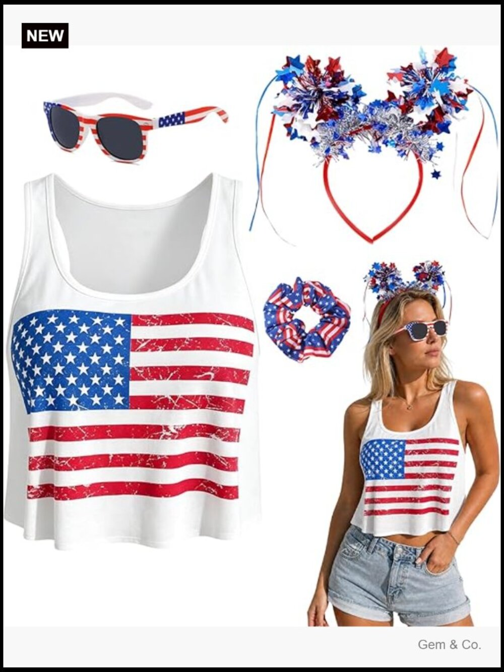 Patriotic Flag Tank Top with Headband Glasses Scrunchies Set
